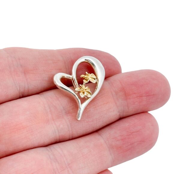 Open Heart Pendant with Gold Tone Flowers | Vintage Sterling Silver 925 - Picture 1 of 6